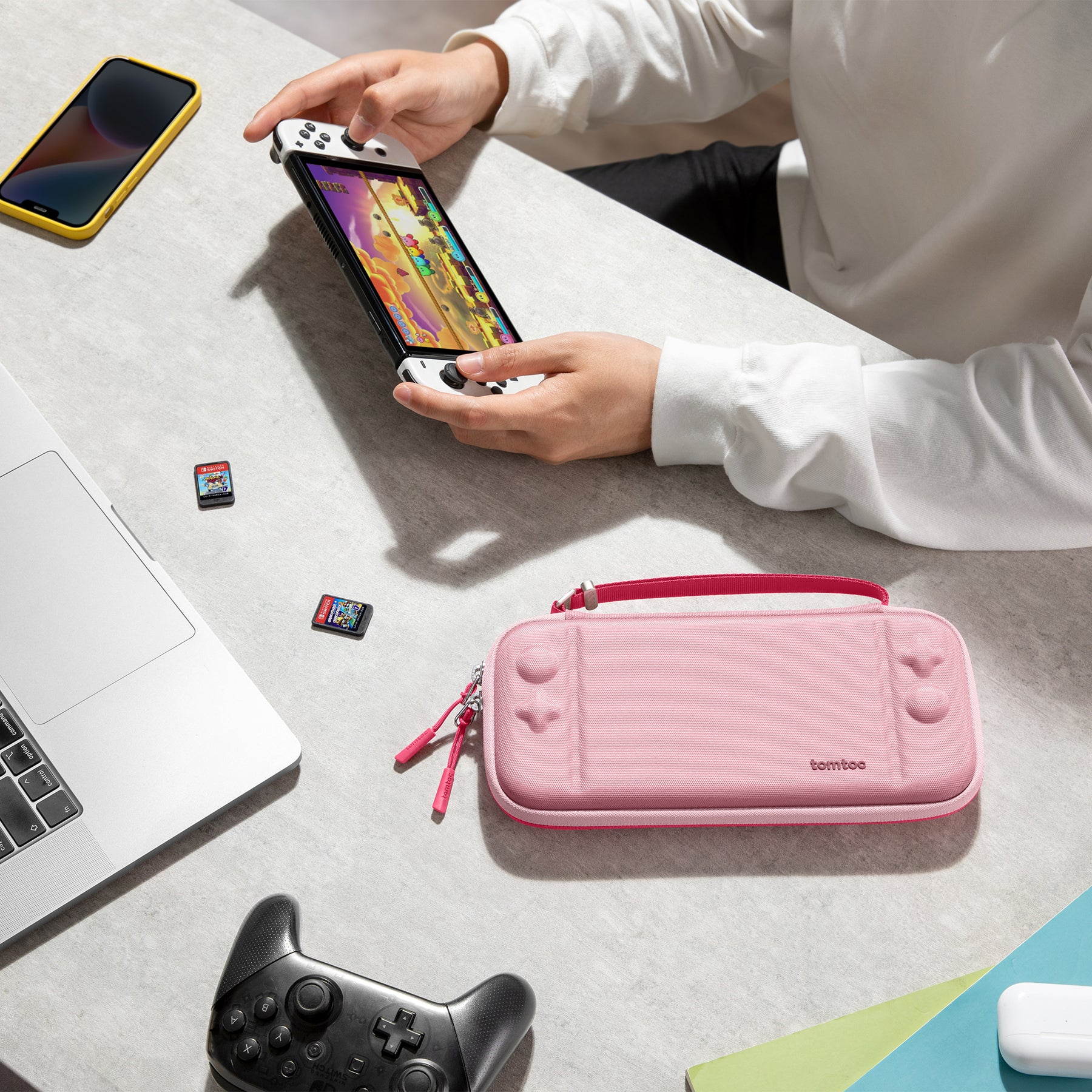 tomtoc Slim Protective Carrying Case with 10 Game Cartridges - Nintendo Switch & OLED Model - Pink Puff