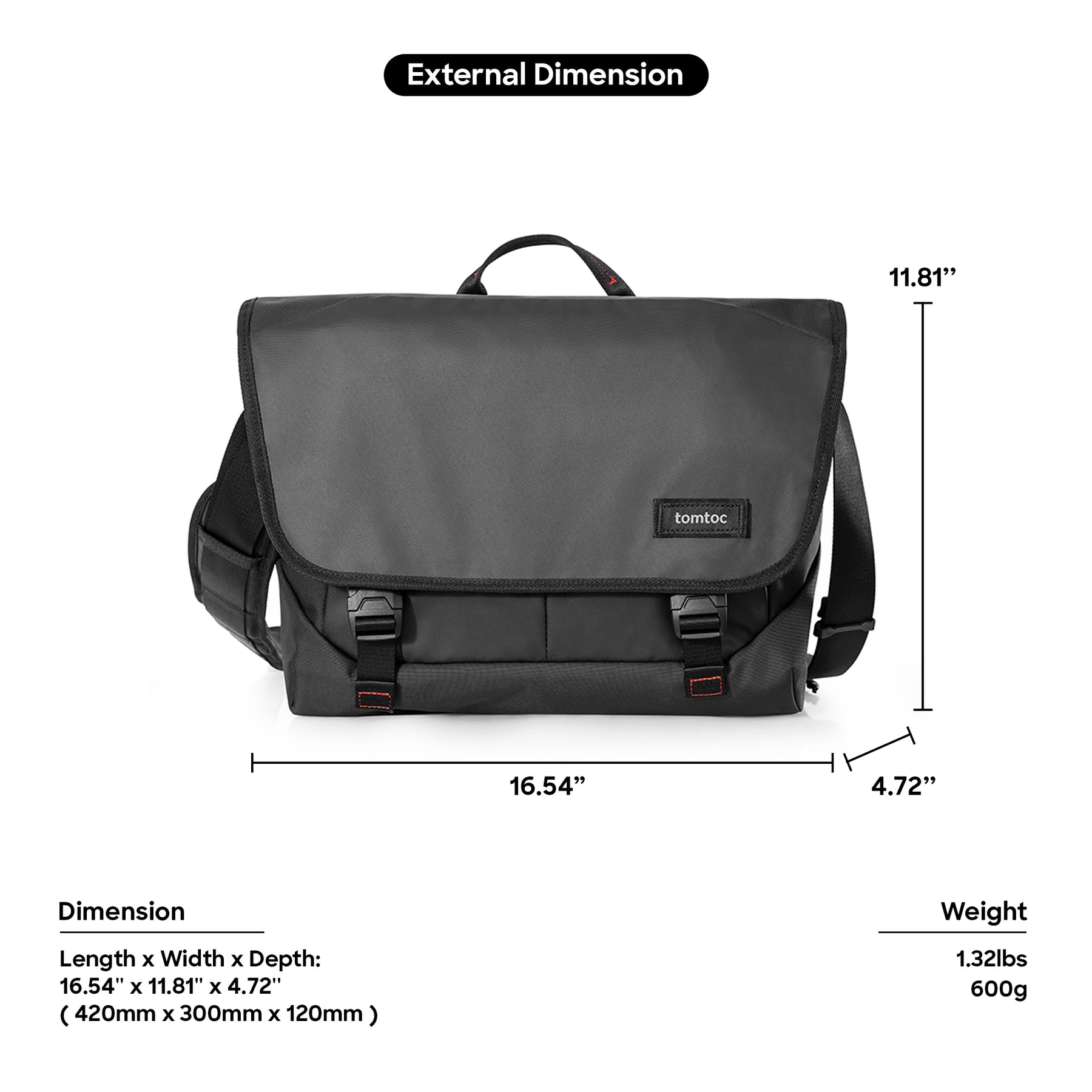 tomtoc 16 Inch Casual Laptop Shoulder Sling Bag - Black