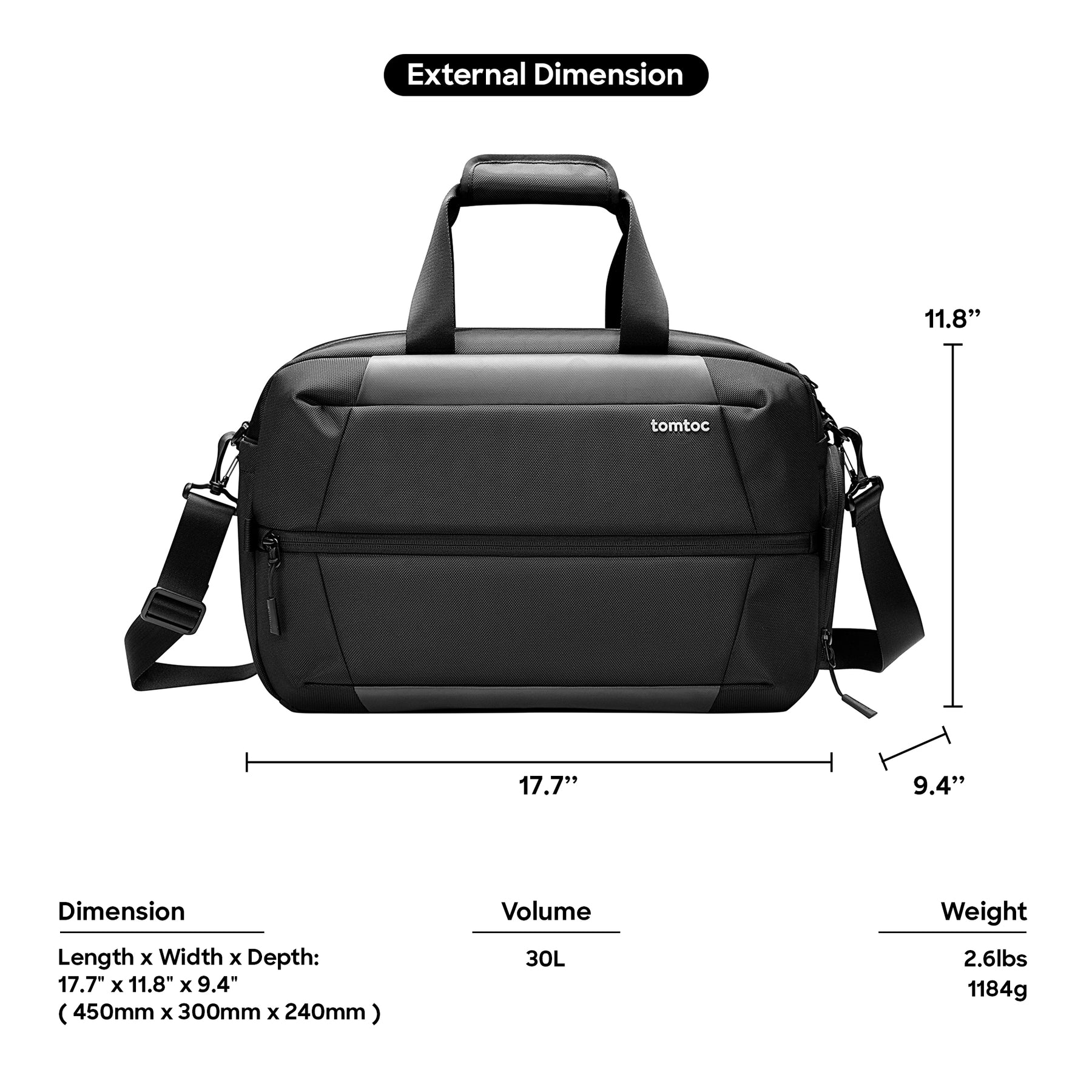 tomtoc 30L Navigator Duffel Bag / Travel Bag / Waterproof Multifunction Bag - 14 Inch MacBook / 12.9 Inch iPad - Black