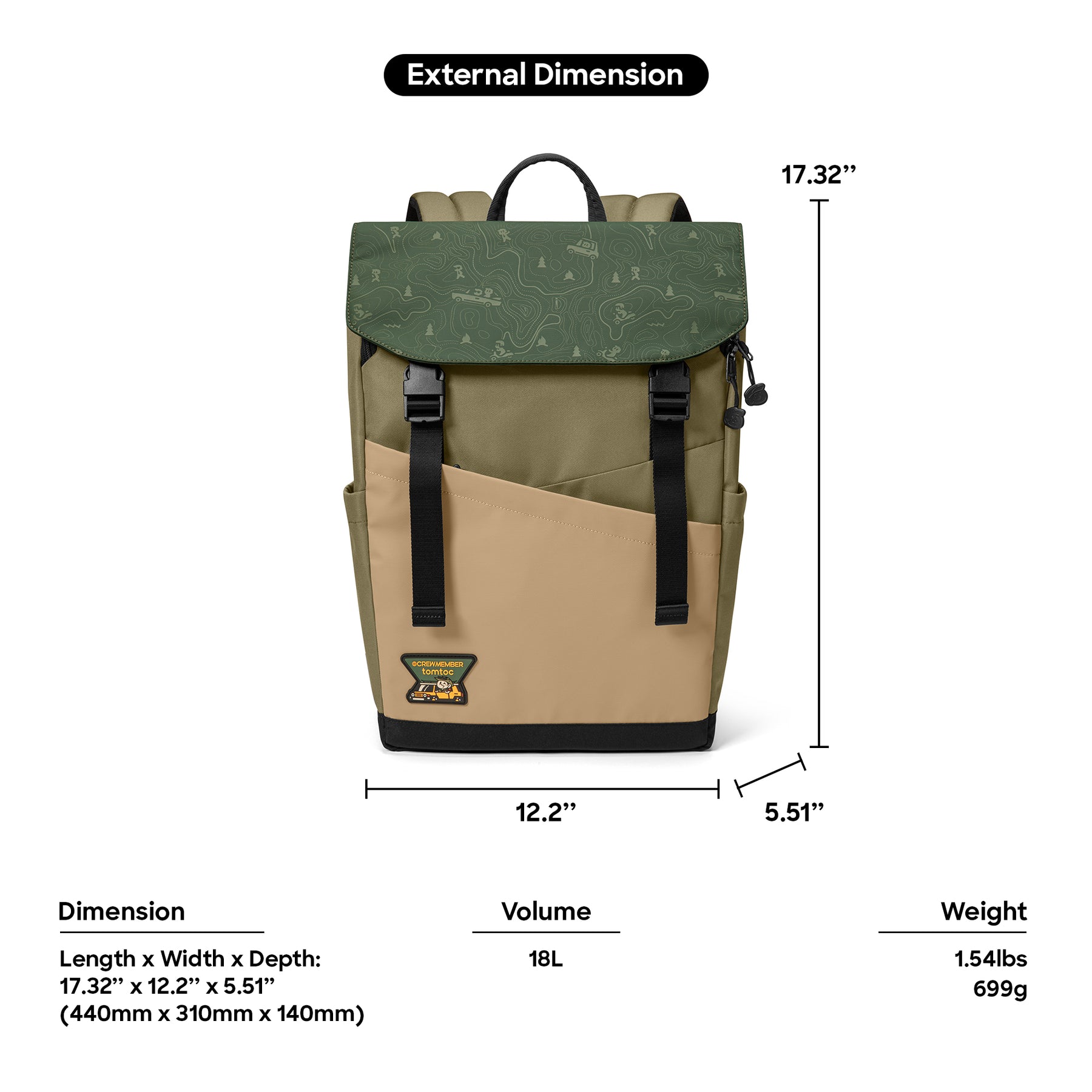 tomtoc G-Crew 16 Inch Flap Lightweight & Water-Resistant Laptop Backpack - Green