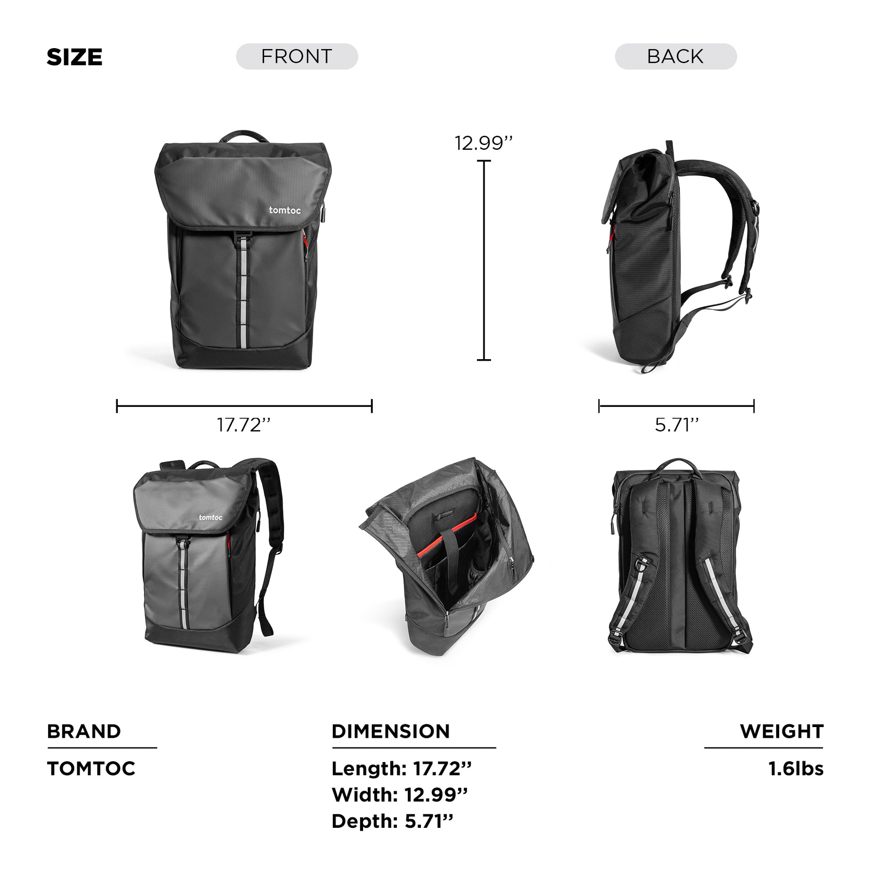 tomtoc 16 Inch Flap Laptop Backpack / Laptop Bag - Black