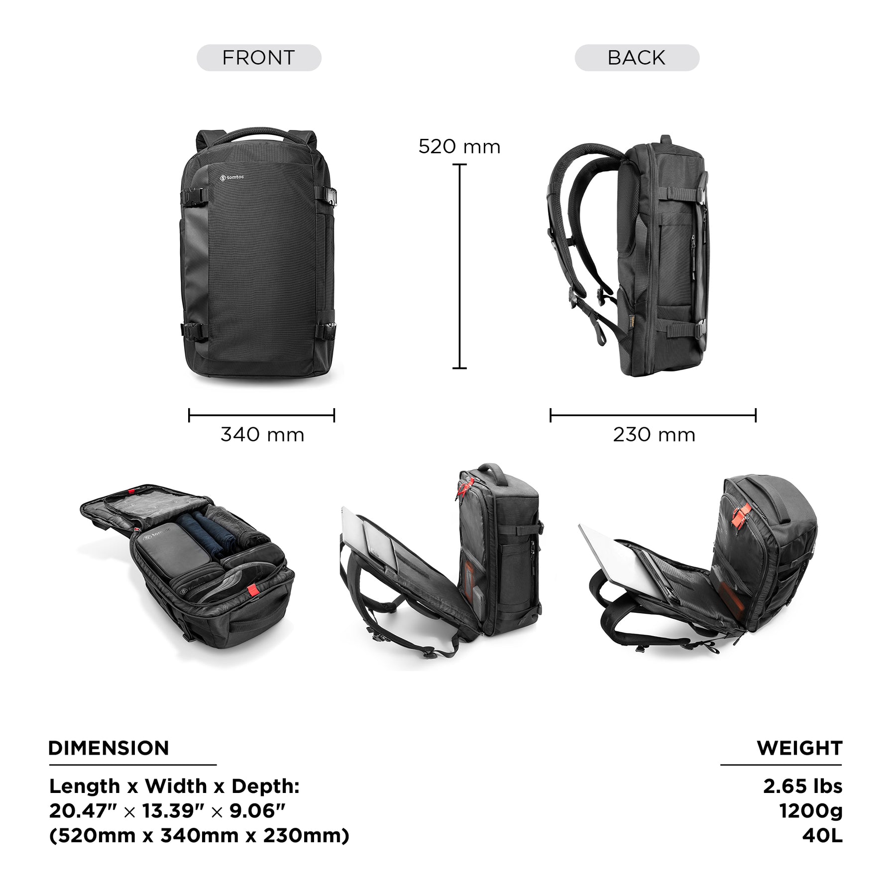 tomtoc 17 Inch Travel Laptop / Backpack Laptop - Black