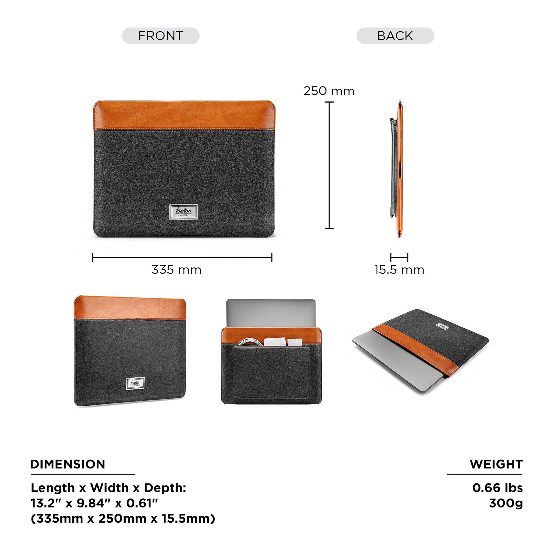 tomtoc 13 Inch Felt & PU Leather Laptop Sleeve - Gray
