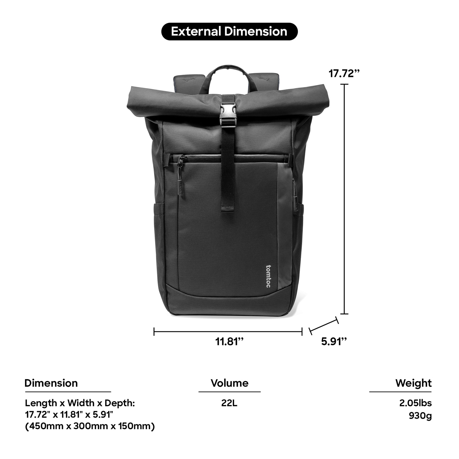 tomtoc 15.6 Inch Rolltop Adjustable Capacity Laptop Backpack - Black