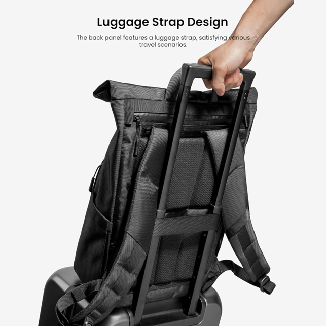 tomtoc 15.6 Inch Rolltop Adjustable Capacity Laptop Backpack - Black