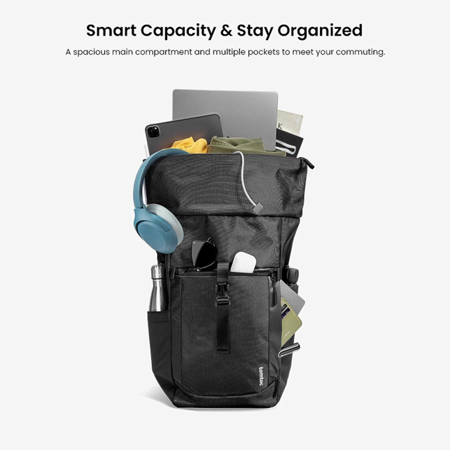 tomtoc 15.6 Inch Rolltop Adjustable Capacity Laptop Backpack - Black