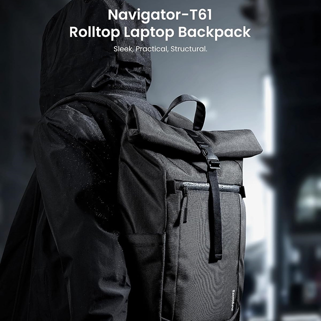 tomtoc 15.6 Inch Rolltop Adjustable Capacity Laptop Backpack - Black