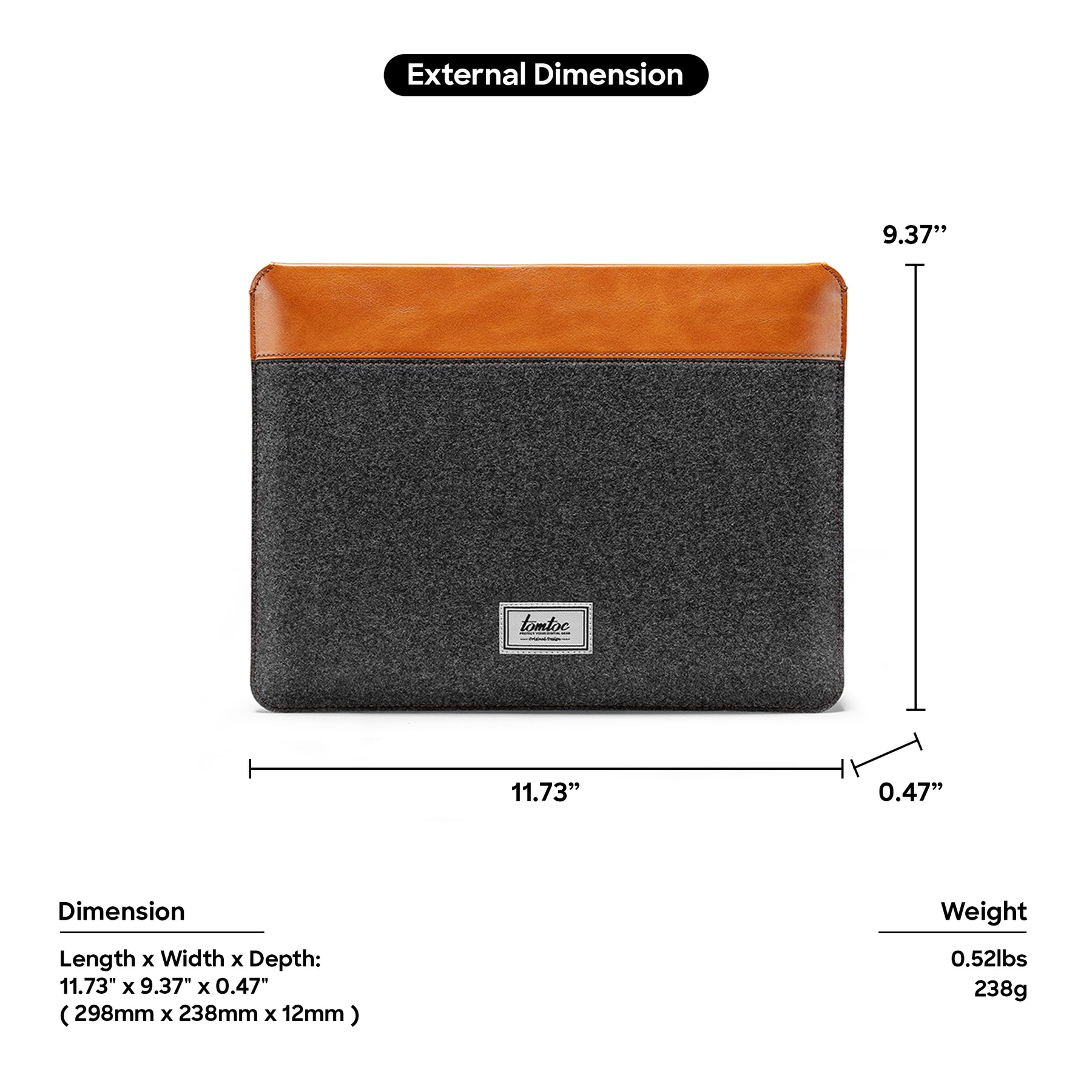 tomtoc 11 Inch Felt & PU Leather Tablet Sleeve - Gray