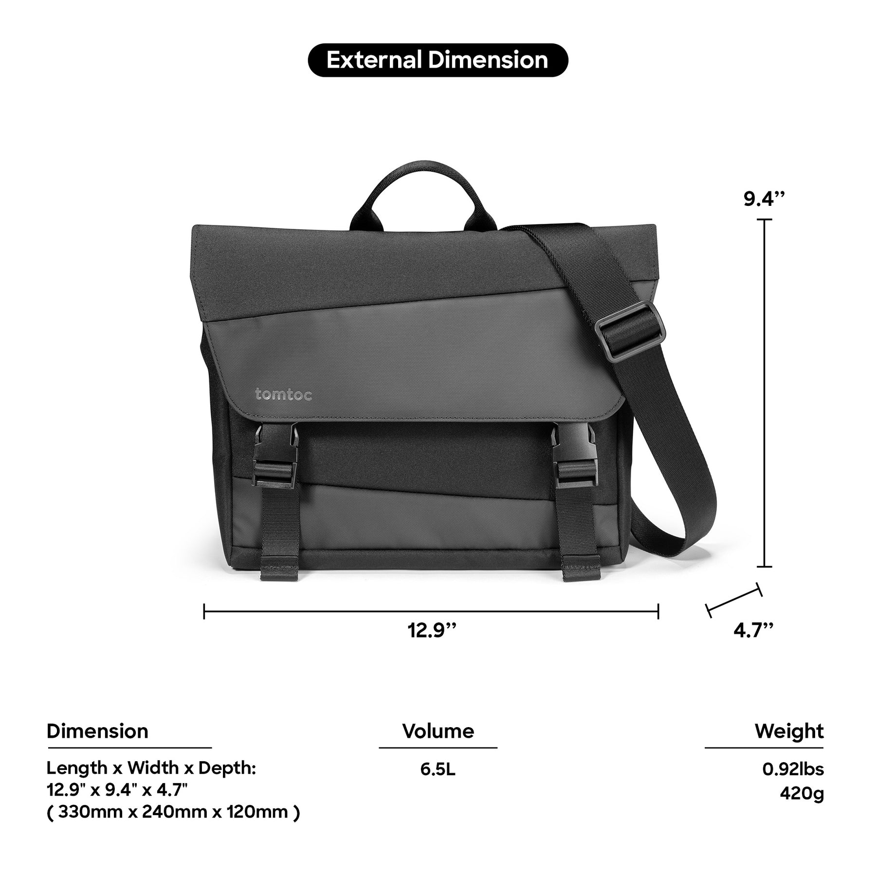 tomtoc 11 Inch Water-Resistant Lightweight Casual Shoulder Bag / Messenger Bag / Small Satchel Bag - Black